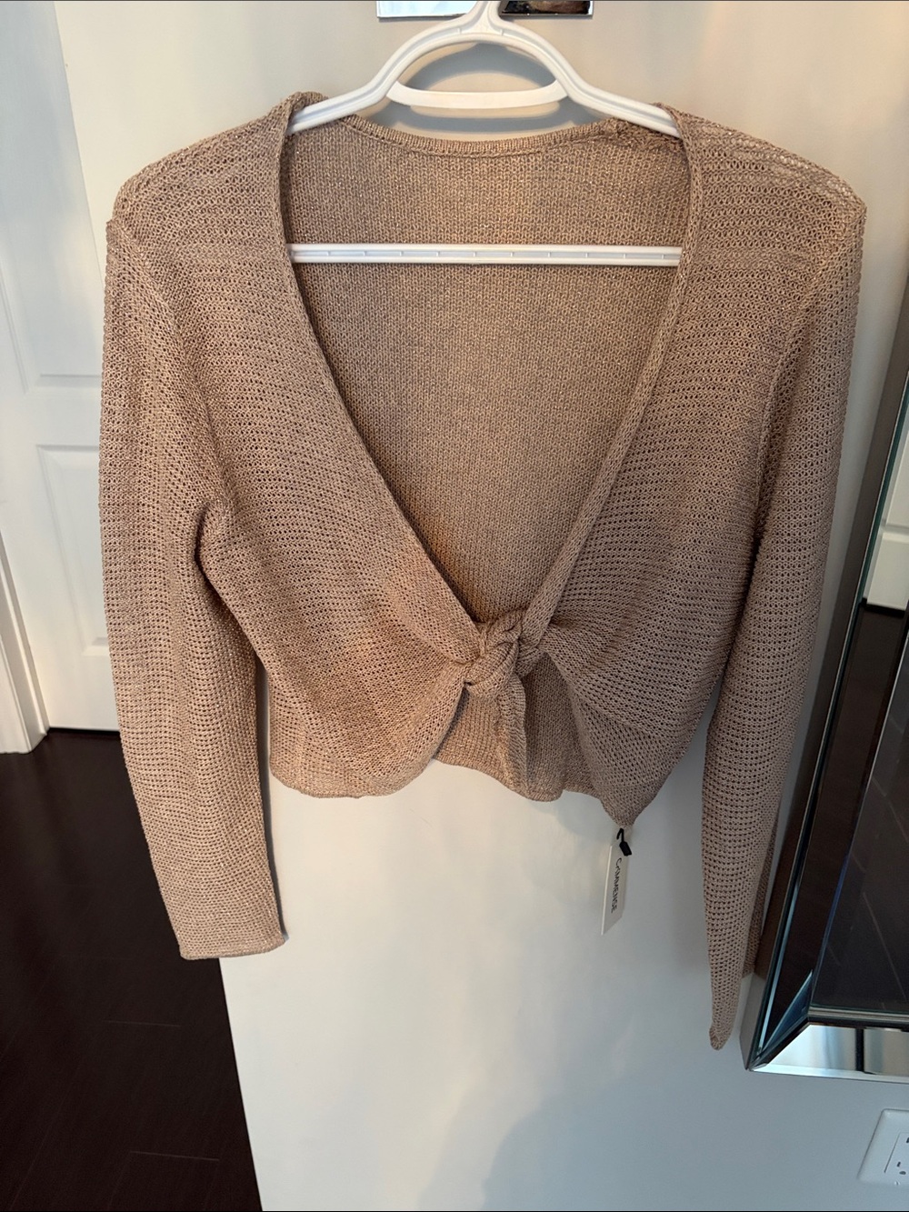 Commense Knot-Front Open Knit Women's Sweater - Beige